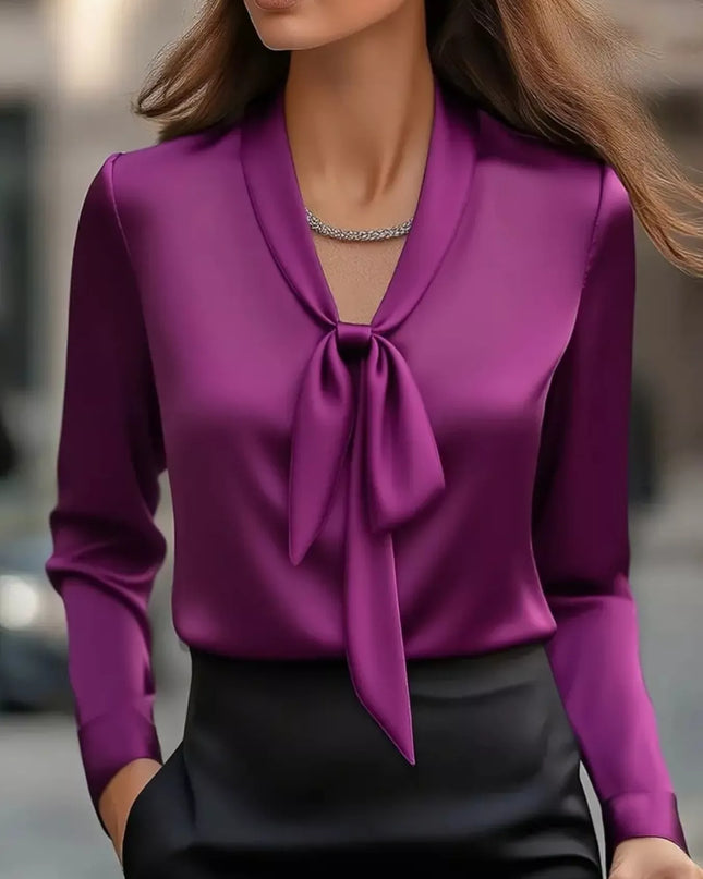 Satin Tie Front Long Sleeve Blouse Purple
