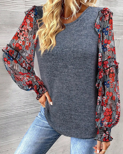 Heathered Floral Frill Lantern Sleeve Blouse Dark Gray