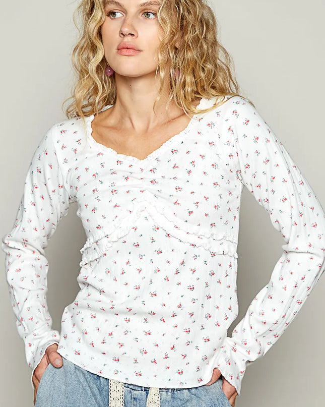 POL Floral V-Neck Long Sleeve T-Shirt 