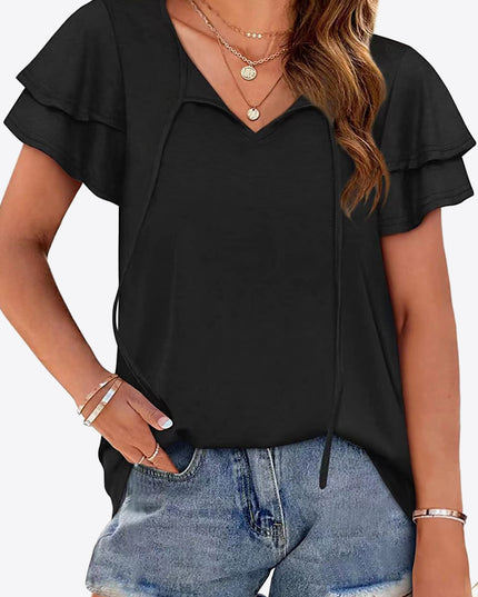 Tie-Neck Layered Flutter Sleeve Blouse Black