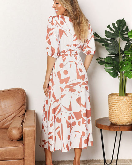 Printed Surplice Balloon Sleeve Dress