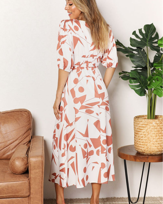 Printed Surplice Balloon Sleeve Dress