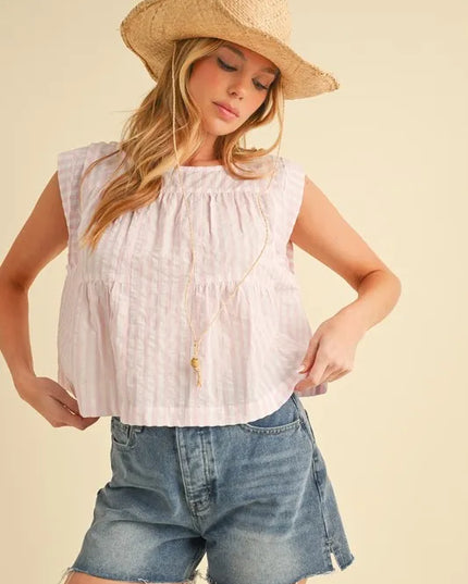 Aemi+Co Ruched Striped Round Neck Sleeveless Top PINK