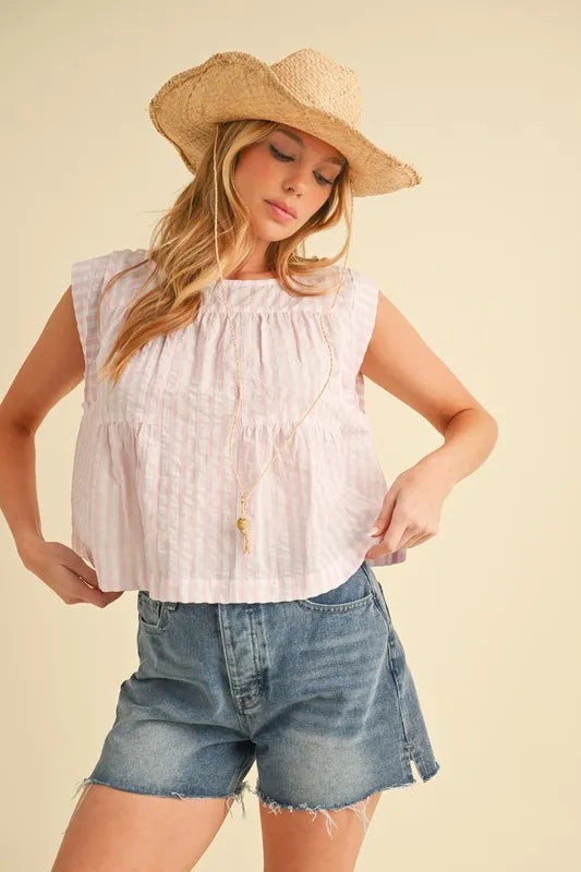 Aemi+Co Ruched Striped Round Neck Sleeveless Top PINK