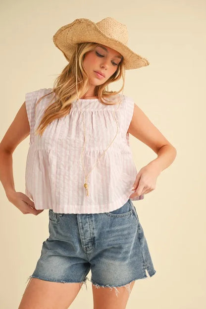 Aemi+Co Ruched Striped Round Neck Sleeveless Top PINK