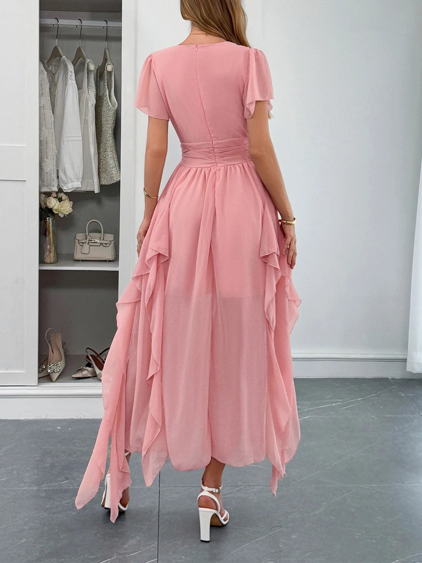 V-Neck Flutter Sleeve Dress