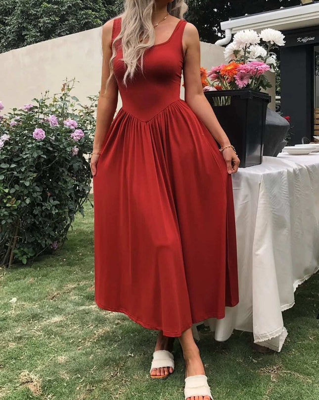 Sleeveless Midi Dress with Gathered Waist Red