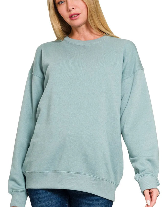 Zenana Fleece Round Neck Sweatshirts BLUE GREY