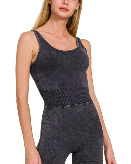 Zenana Washed Sports Romper With Removable Bra Pad BLACK
