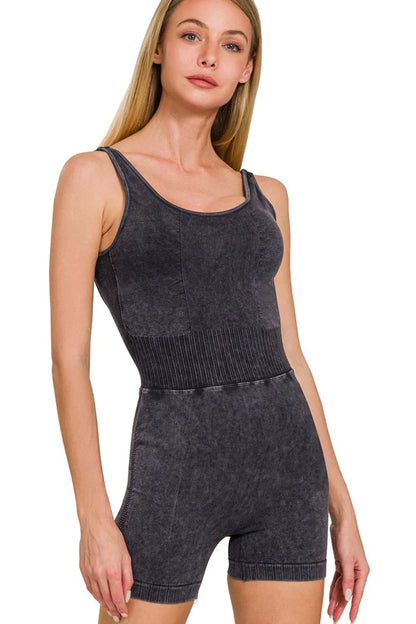 Zenana Washed Sports Romper With Removable Bra Pad BLACK