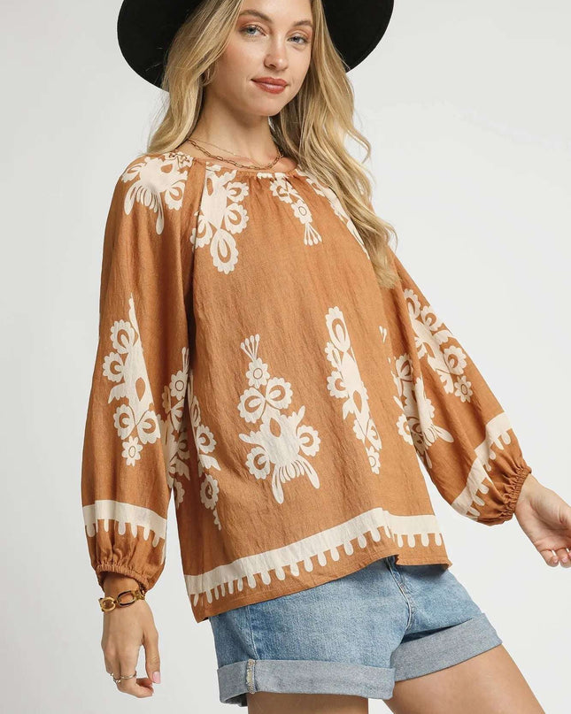 Umgee Full Size Two Tone Border Print Top with Balloon Sleeves Plus Size