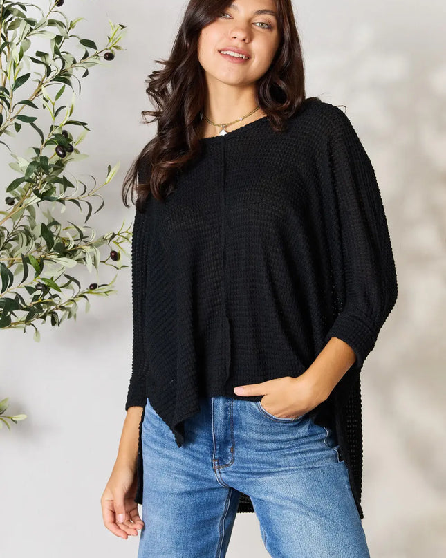 Zenana Full Size Round Neck High-Low Slit Knit Top Black