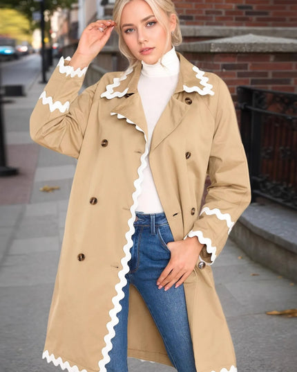Scalloped Trim Long Sleeve Trench Coat Khaki