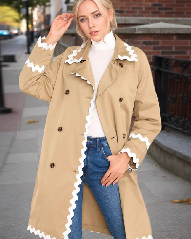 Scalloped Trim Long Sleeve Trench Coat Khaki