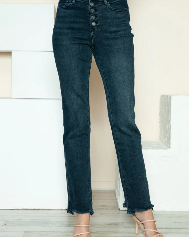 Judy Blue Full Size Button Fly Hem Destroy Straight Jeans Dark