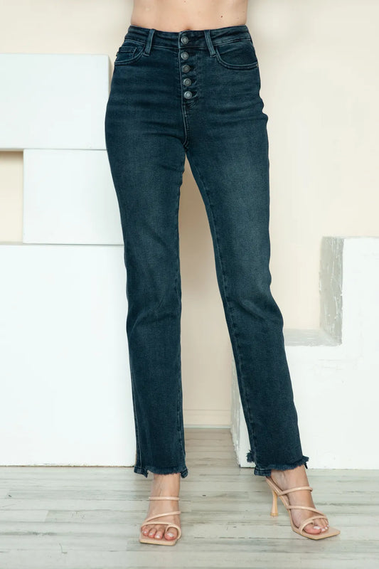Judy Blue Full Size Button Fly Hem Destroy Straight Jeans Dark