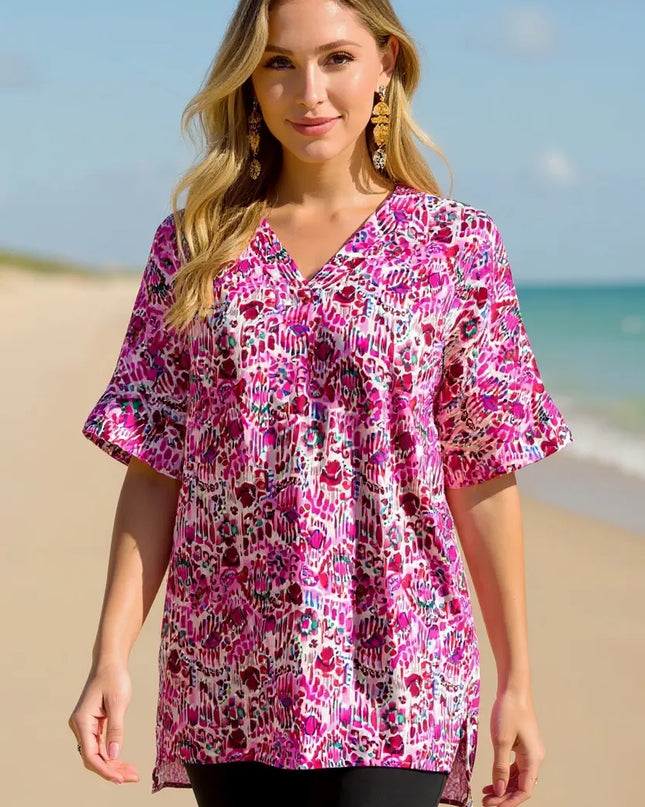 Double Take Full Size Printed V-Neck Short Sleeve Blouse Pink