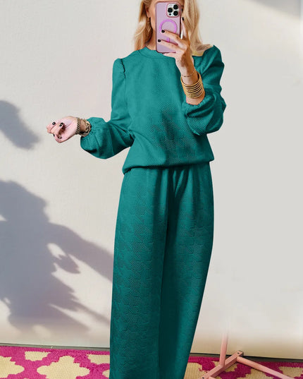 Double Take Texture Long Sleeve Top and Wide Leg Pants Set Teal