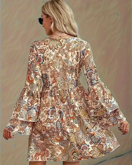 Paisley Print Bell Sleeve Mini Dress