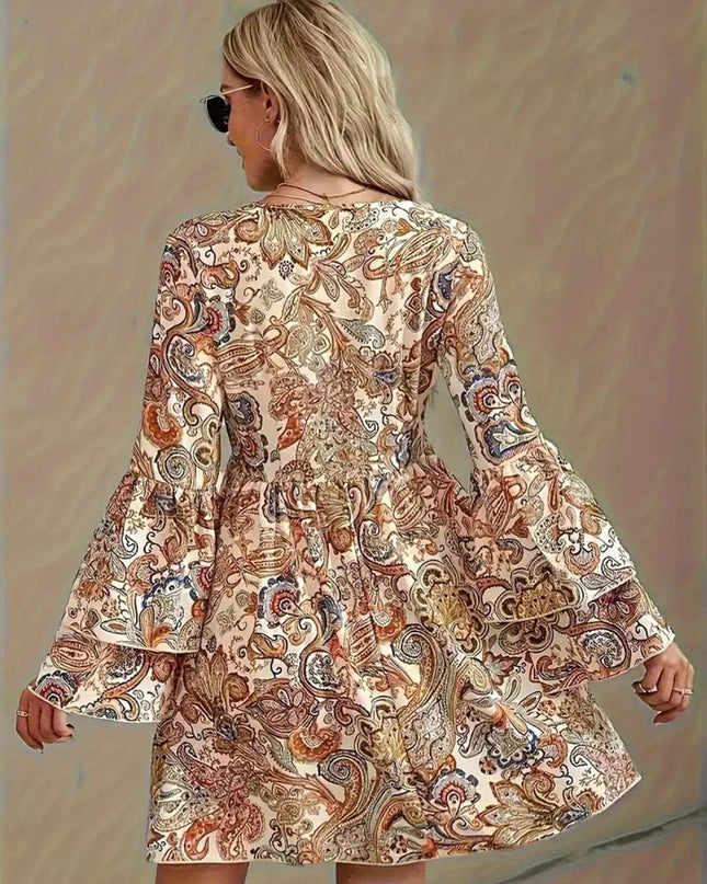 Paisley Print Bell Sleeve Mini Dress