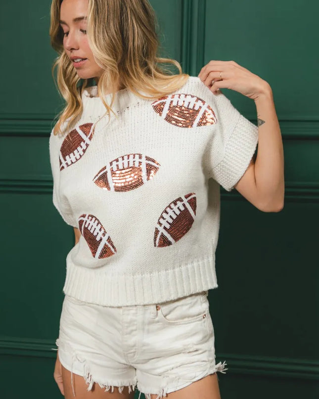 BiBi Gameday Sequin Football Patches Rib Banded Sweater