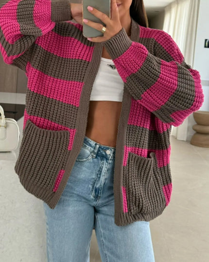 Striped Open Front Long Sleeve Cardigan