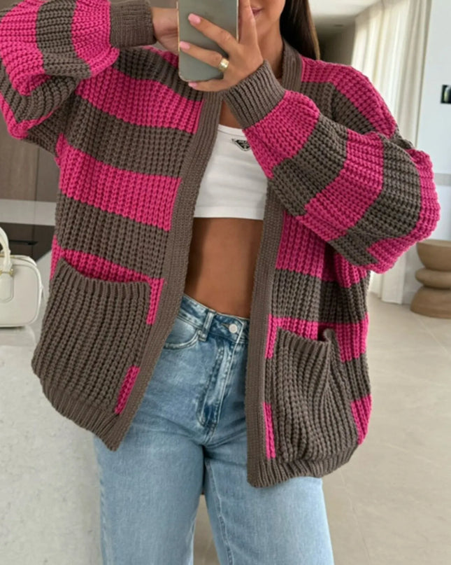 Striped Open Front Long Sleeve Cardigan