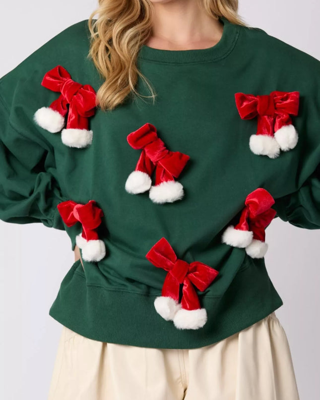 Christmas Long Sleeve Sweatshirt with Pom-Pom Bow Decoration