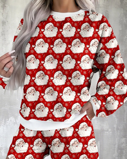 Christmas Santa Print Round Neck Top and Shorts Lounge Set Deep Red