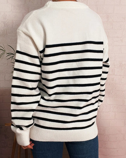 Striped Round Neck Drop Shoulder Sweater