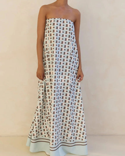 Smocked Printed Tube Maxi Dress Brown Square