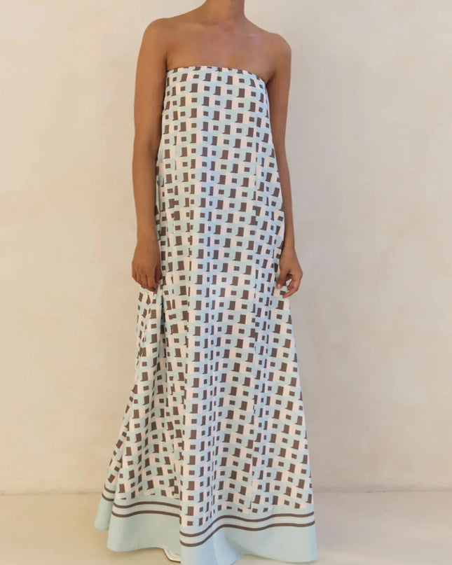 Smocked Printed Tube Maxi Dress Brown Square