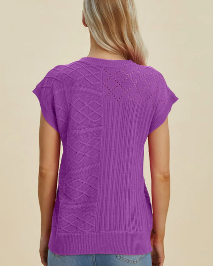 Double Take Full Size Cable-Knit Round Neck Cap Sleeve Sweater