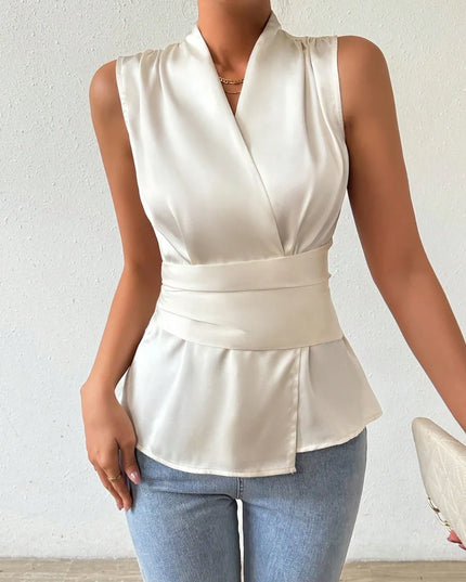 Surplice Sleeveless Satin Blouse