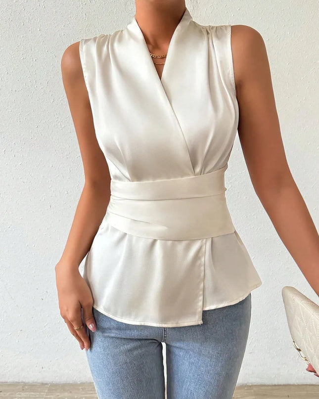 Surplice Sleeveless Satin Blouse