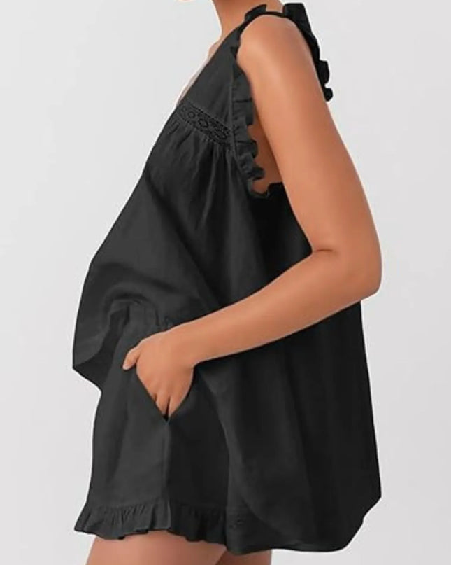 Ruffled V-Neck Top and Shorts Set