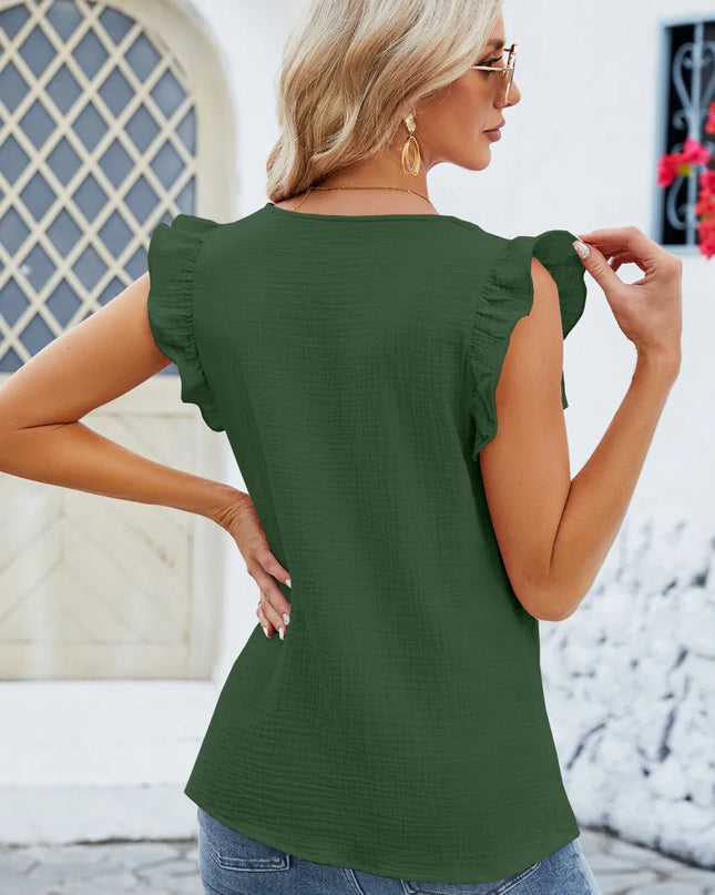 Ruffled V-Neck Cap Sleeve Blouse 