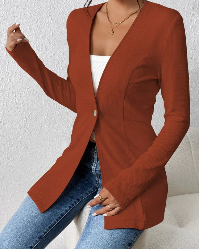 One Button Long Sleeve Blazer Coffee Brown