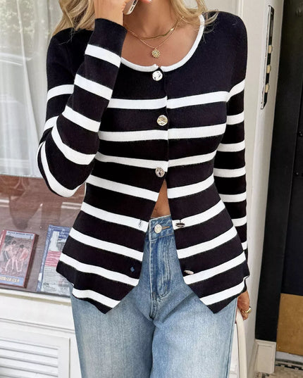 Striped Button-Up Knit Cardigan