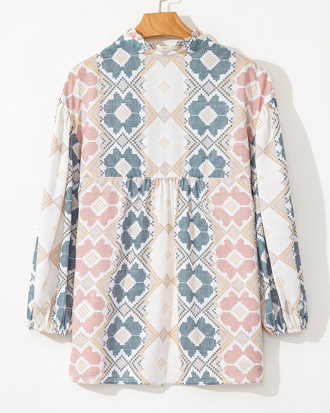 Bohemian Geometric Print Blouse with Tassel Tie