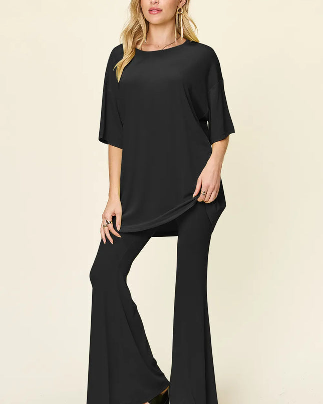 Double Take Full Size Round Neck Drop Shoulder T-Shirt and Flare Pants Set Black