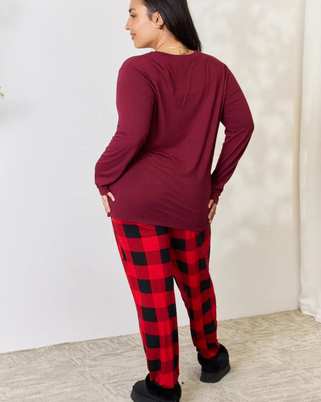 Zenana Full Size Plaid Round Neck Top and Pants Pajama Set