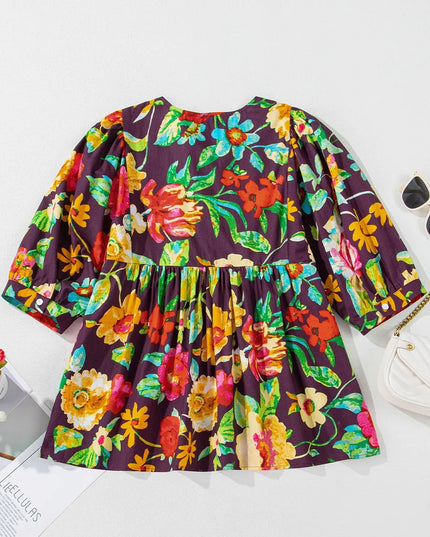 Flower Embroidered Trim Half Sleeve Blouse