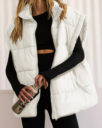 Zip Up Puffer Vest Coat with Pockets White