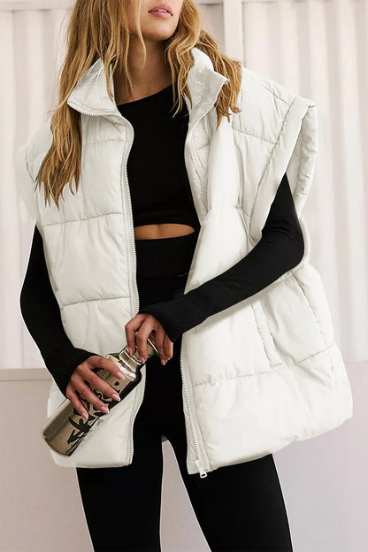 Zip Up Puffer Vest Coat with Pockets White