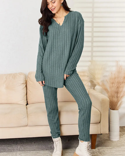 Basic Bae Full Size Notched Long Sleeve Top and Pants Set Deep Teal