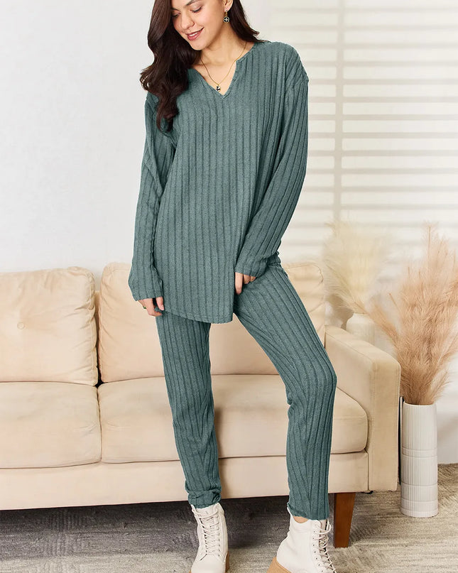 Basic Bae Full Size Notched Long Sleeve Top and Pants Set Deep Teal