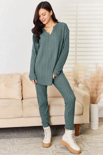 Basic Bae Full Size Notched Long Sleeve Top and Pants Set Deep Teal