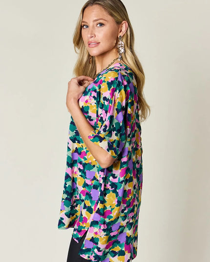 Double Take Full Size Printed V-Neck Short Sleeve Side Slit Top