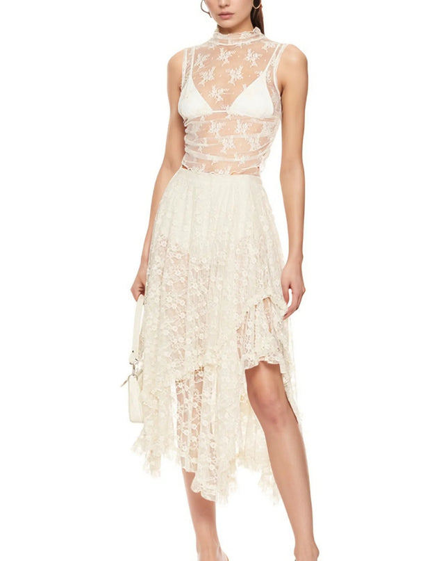 Asymmetrical Lace Midi Skirt Milky White